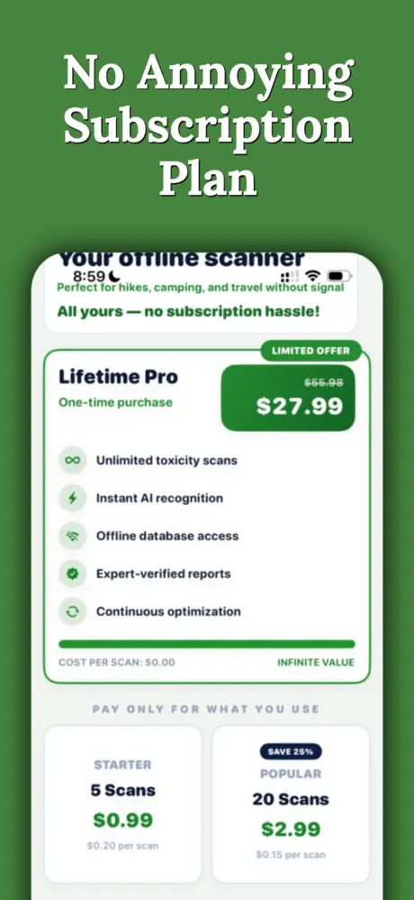 iNature no subscription pricing screen